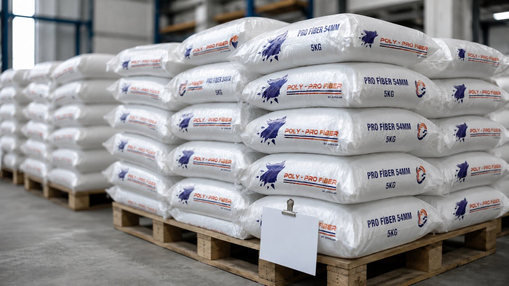Palet üzerinde istiflenmiş 5 kg PolyProFiber ambalajları