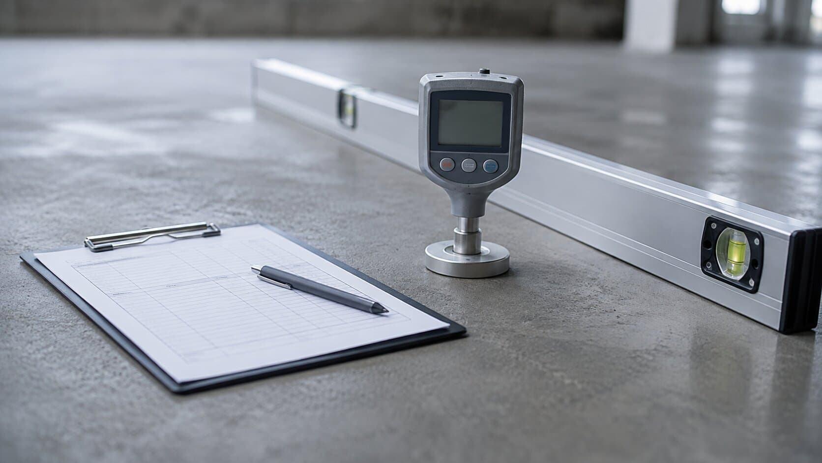Beton zeminde yüzey sertliği ölçer, mastar ve ölçüm formu